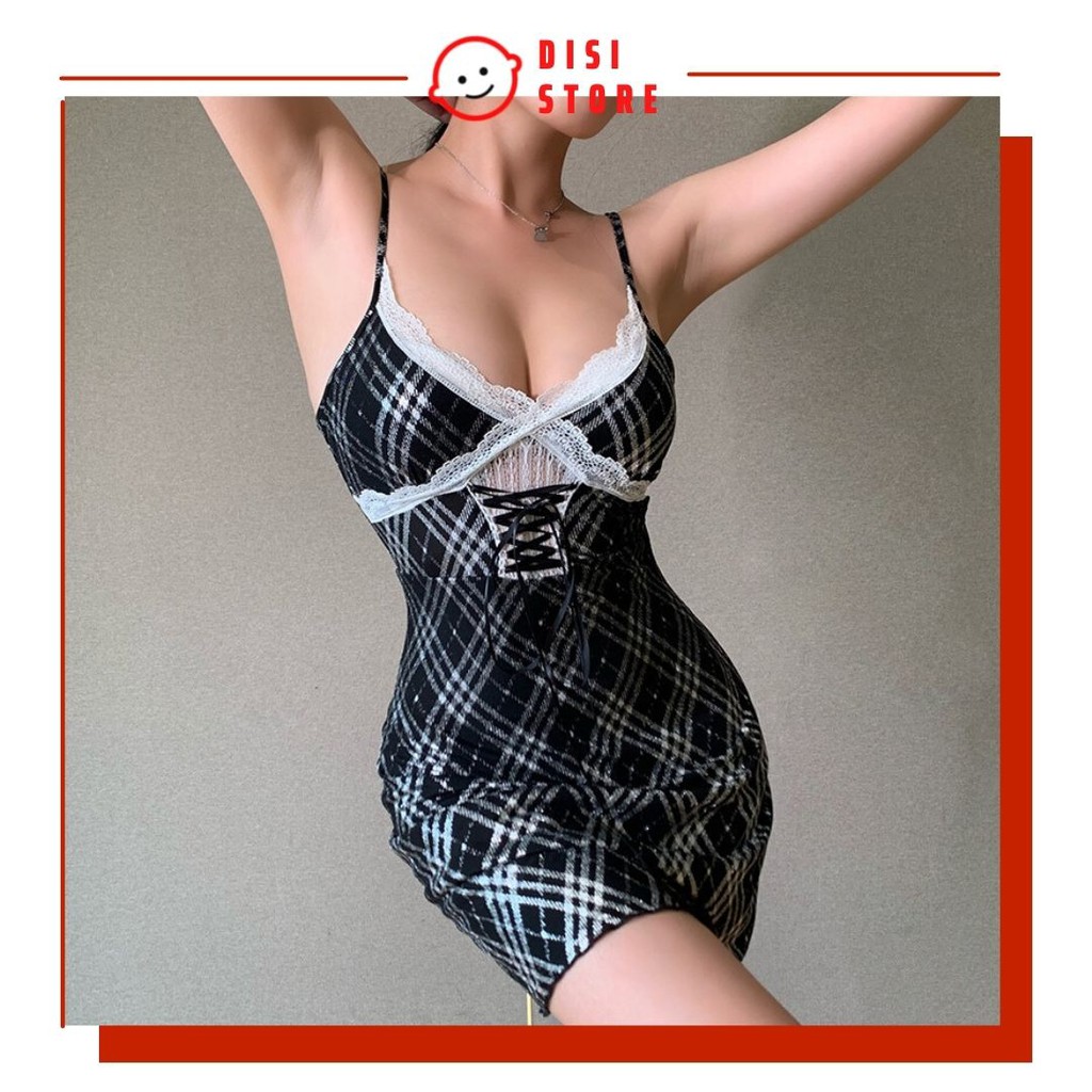 Đầm Dây Ngắn Hai Dây Caro Kim Tuyến Bạc Bóng Bling Bling Dây Chéo Sexy - DISI