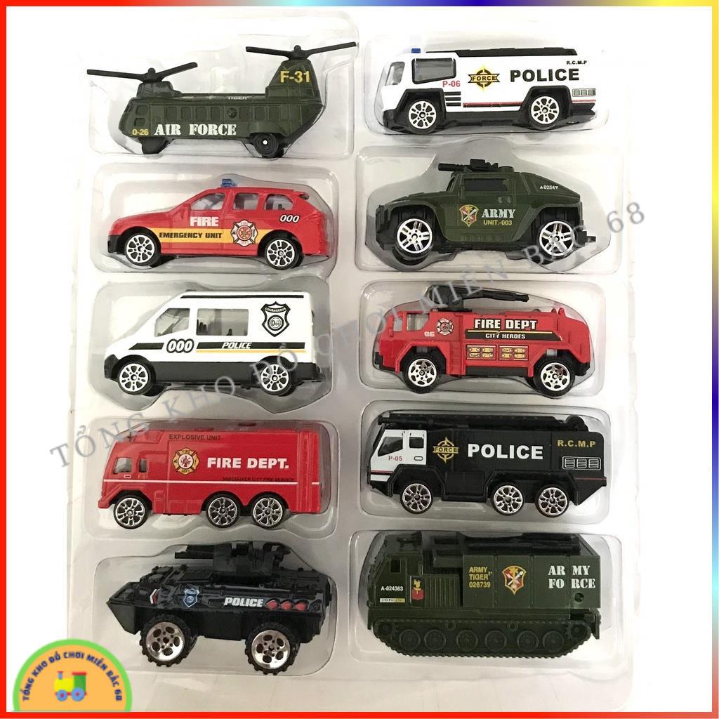 Đồ chơi Hộp 10 xe ô tô sắt quân sự cứu hỏa, cảnh sát, máy bay, xe tăng siêu bền cho các bé trai TKMB68