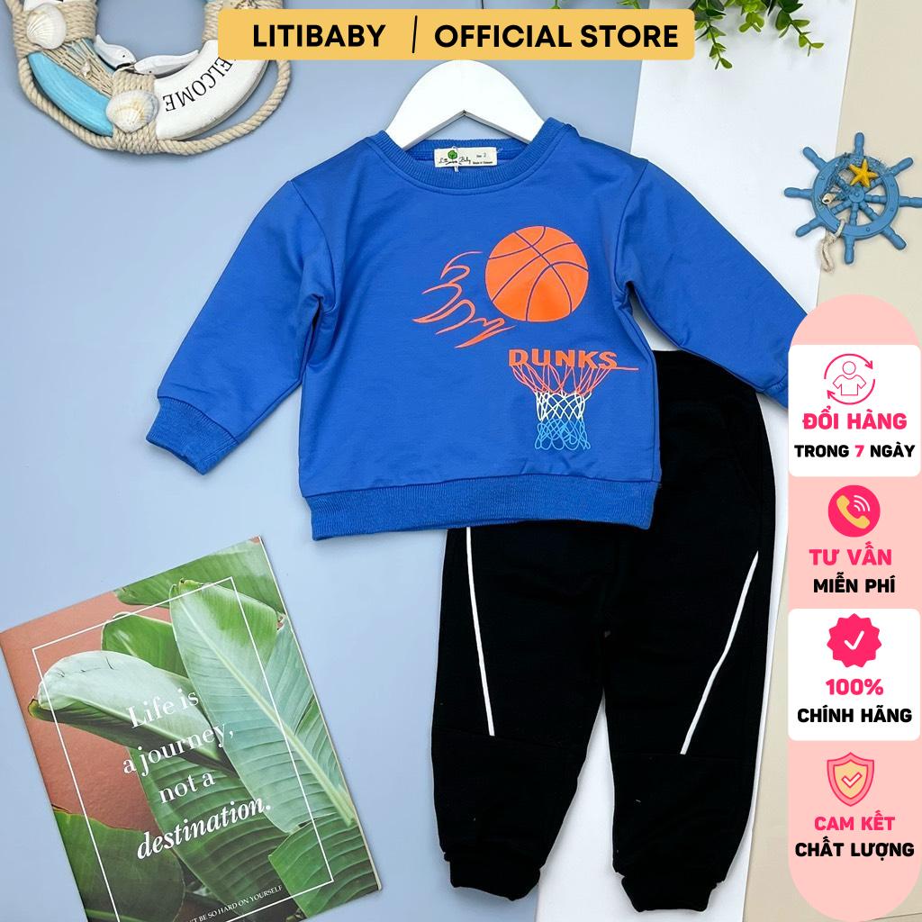 Bộ quần áo LITIBABY vải nỉ, hình in quả bóng, dáng quần bo gấu, chất nỉ da cá mịn, không xù. Mã PH364, có size 2/8 tuổi