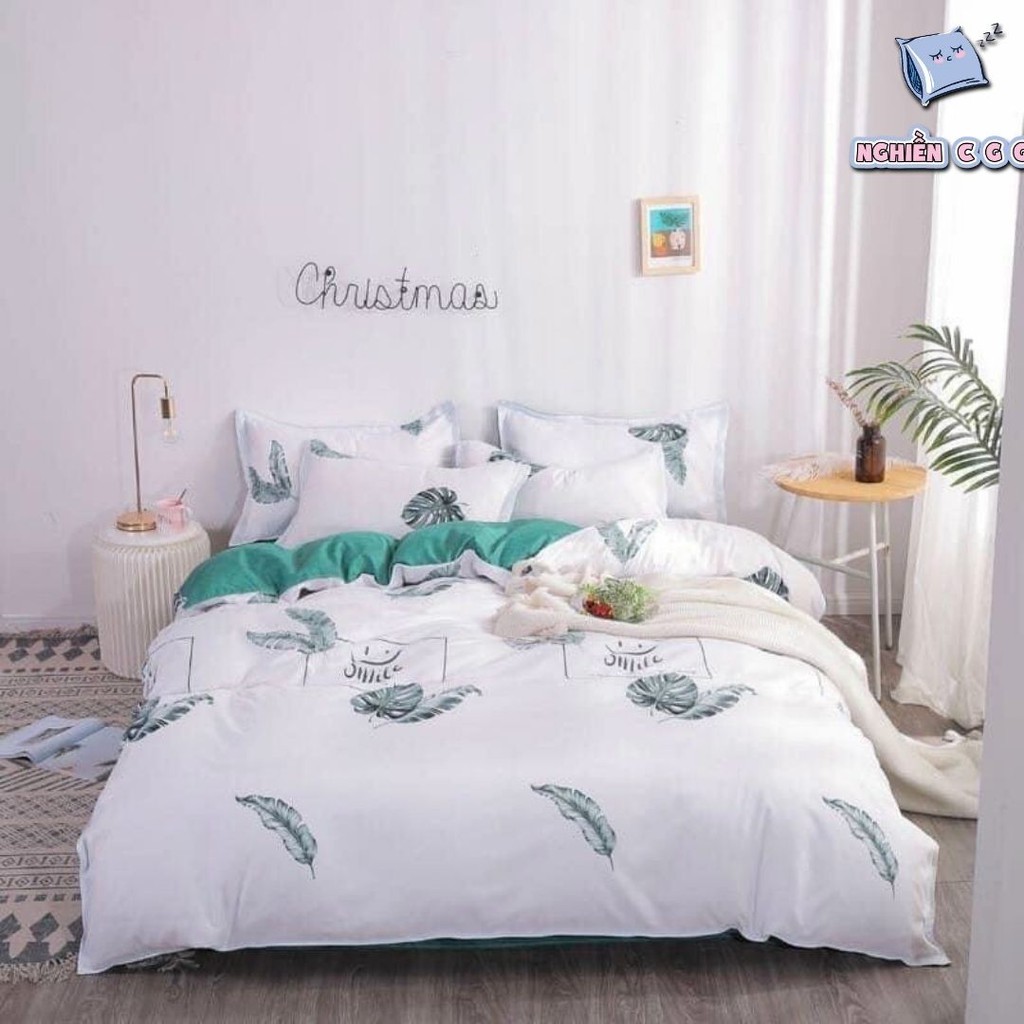 ( Freeship - Nhiều Mẫu) Bộ Chăn Ga Gối 4 Món cotton 3D 💋2 Vỏ gối ,1 Drap Freesize ,1 Vỏ chăn 💋Cotton 80% Lá Cọ Full Màu