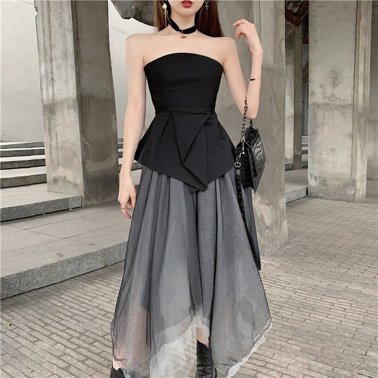 (Sẵn L) M64 - Set váy lưới 2 màu Ulzzang phối áo đen cúp ngực vạt chéo cực cool