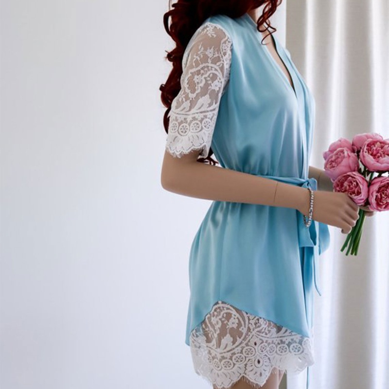 Xiangbao Đầm Ngủ Lụa Satin Tay Ngắn Phối Ren Hoa Gợi Cảm Cho Nữ