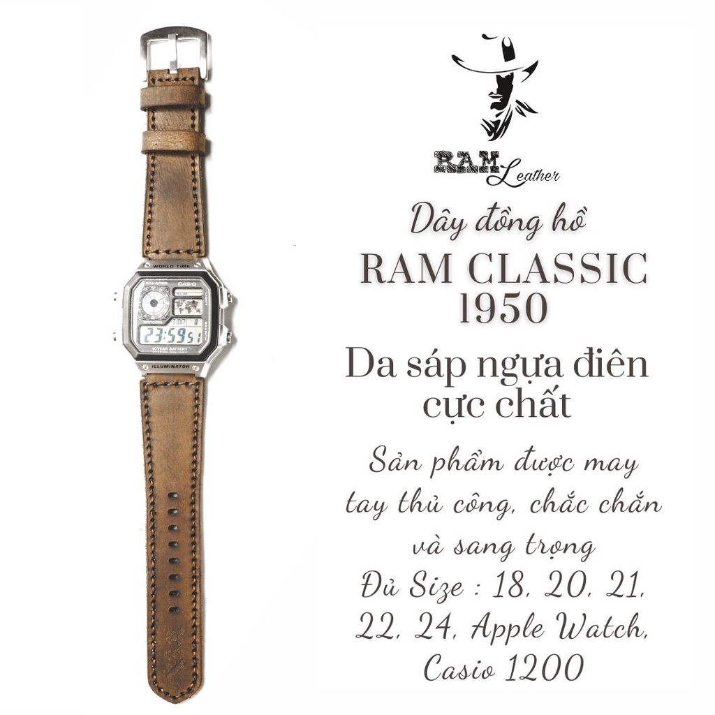 Dây đồng hồ RAM Leather 1950 da sáp ngựa điên cho CASIO 1200, AE 1200, 1300, 1100, A159 , A168 , Size 18