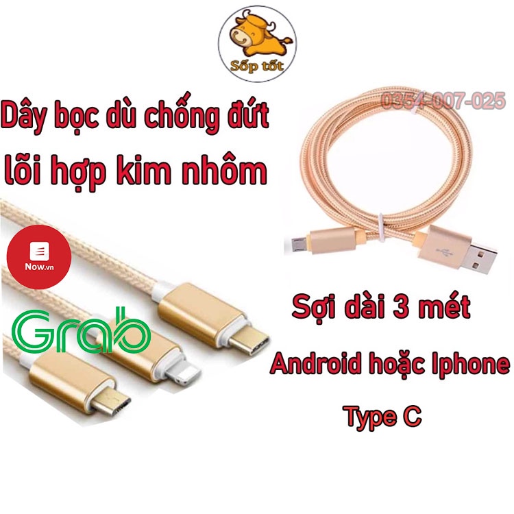 Dây cáp sạc IPchân dẹt Android loại dài 3m bọc dù sạc nhanh cổng và usb micro,Type C