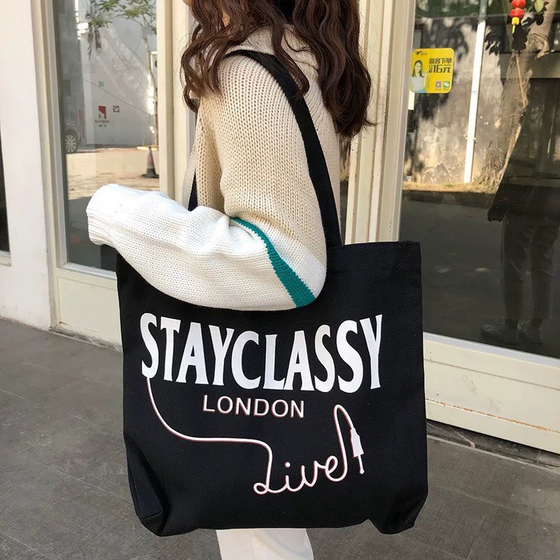 Túi tote túi vải canvas phong cách Hàn quốc, có khóa miệng ngăn phụ bên trong thời trang