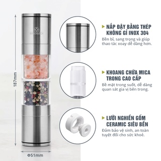 Dụng Cụ Xay Tiêu Và Muối 2 trong 1 Benchusch - Xay Thủ Công 2 Lưỡi Xay Ceramic & 2 Ngăn Đựng Gia Vị