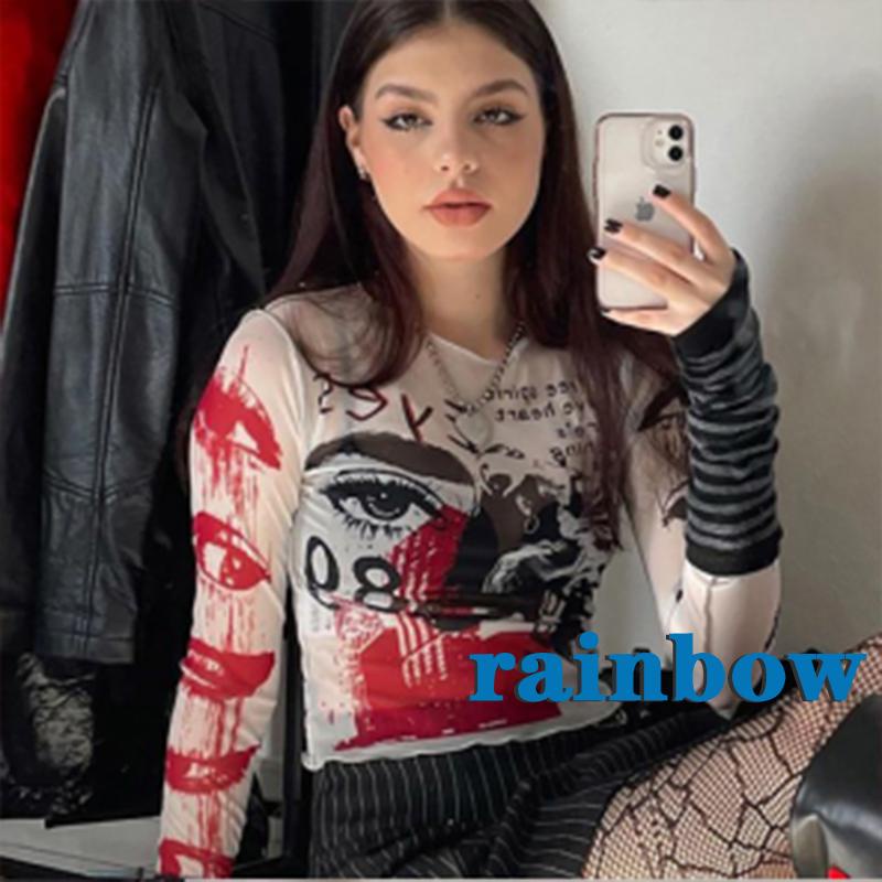 RAINBOW-Y2K E-girl Graphic Print Mesh Crop Top Harajuku Grunge Long Sleeve See Through Tees Gothic Mall Goth Crop Top