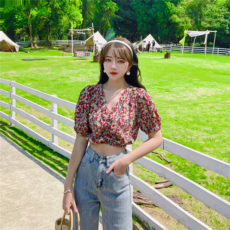 Áo Sơ Mi Hoa Cổ Điển Pháp 164123 Áo Crop Top Cổ Chữ v In Họa Tiết Hoa Nhí Xinh Xắn Thời Trang Phong Cách Phương Tây