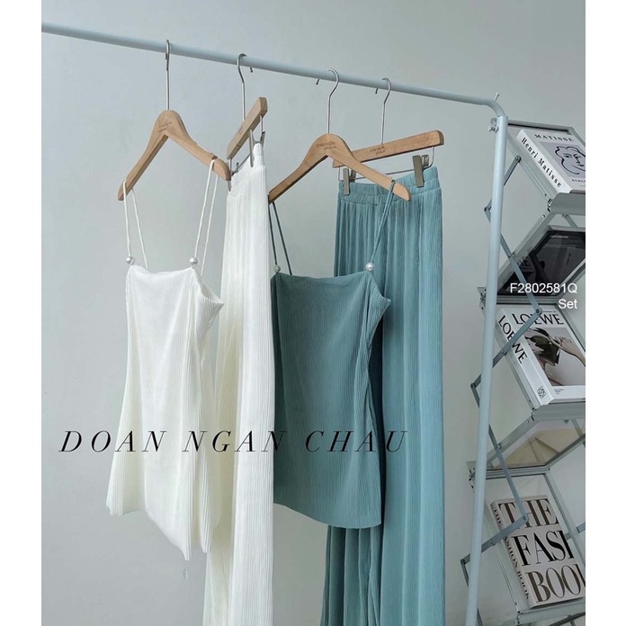 Set bộ dập ly áo 2 dây gài ngọc phối quần suông s2802