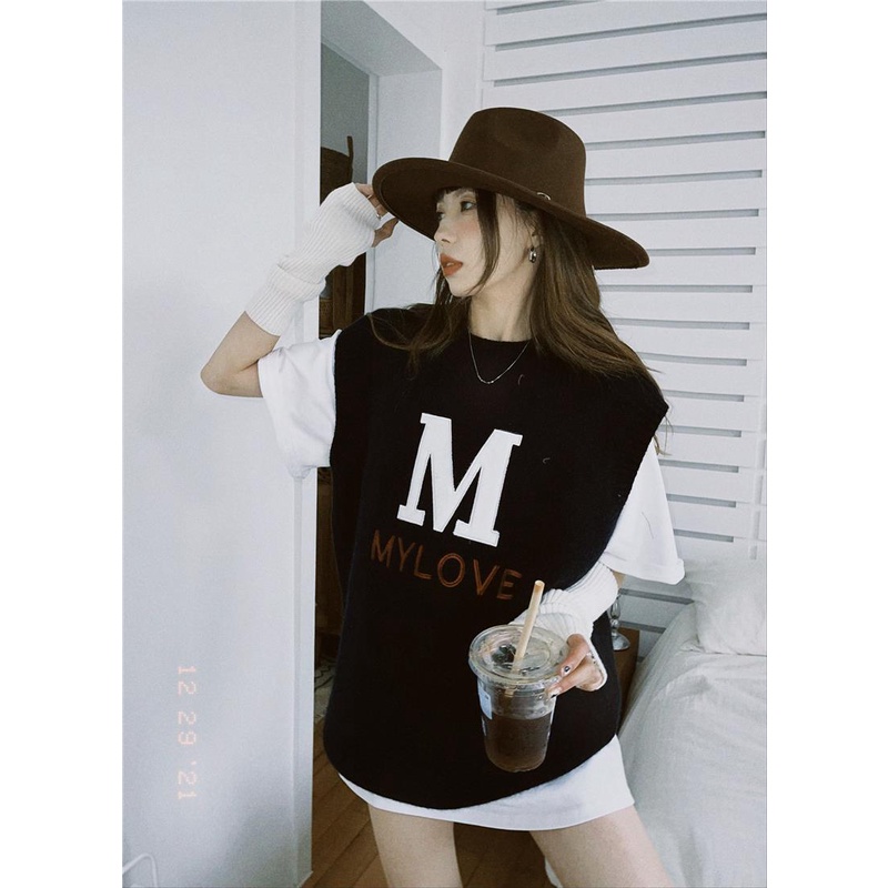 Áo Dệt Kim Sát Nách Dáng Rộng In Chữ Thiết Kế Mới Thời Trang Theo Phong Cách Hàn Quốc