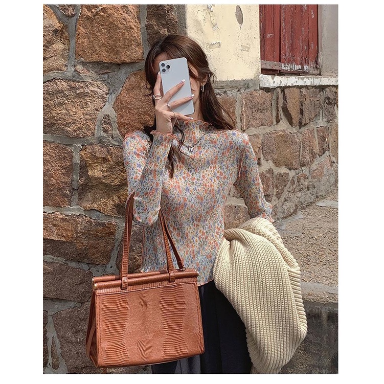 Áo Cổ Lọ Tay Dài Họa Tiết Hoa Đơn Giản Hợp Thời Trang Phong Cách Hàn Quốc Cho Nữ