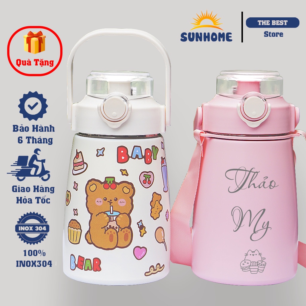 Bình giữ nhiệt 1000ml SUNHOME mini, bình nước cute 1 lít cho bé khắc tên có ống hút, inox 304 giữ nhiệt tặng Sticker