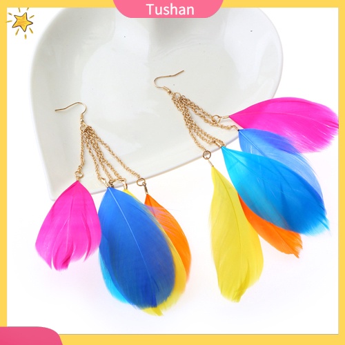 Khuyên Tai Lông Vũ Màu Sắc Tương Phản Phong Cách Bohemian