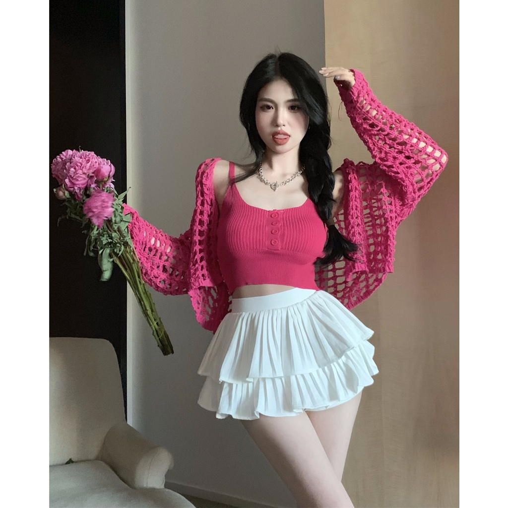Porozi  Áo khoác cardigan nữ dệt kim tay dài cắt xẻ thời trang phong cách Hàn Quốc Áo hai dây