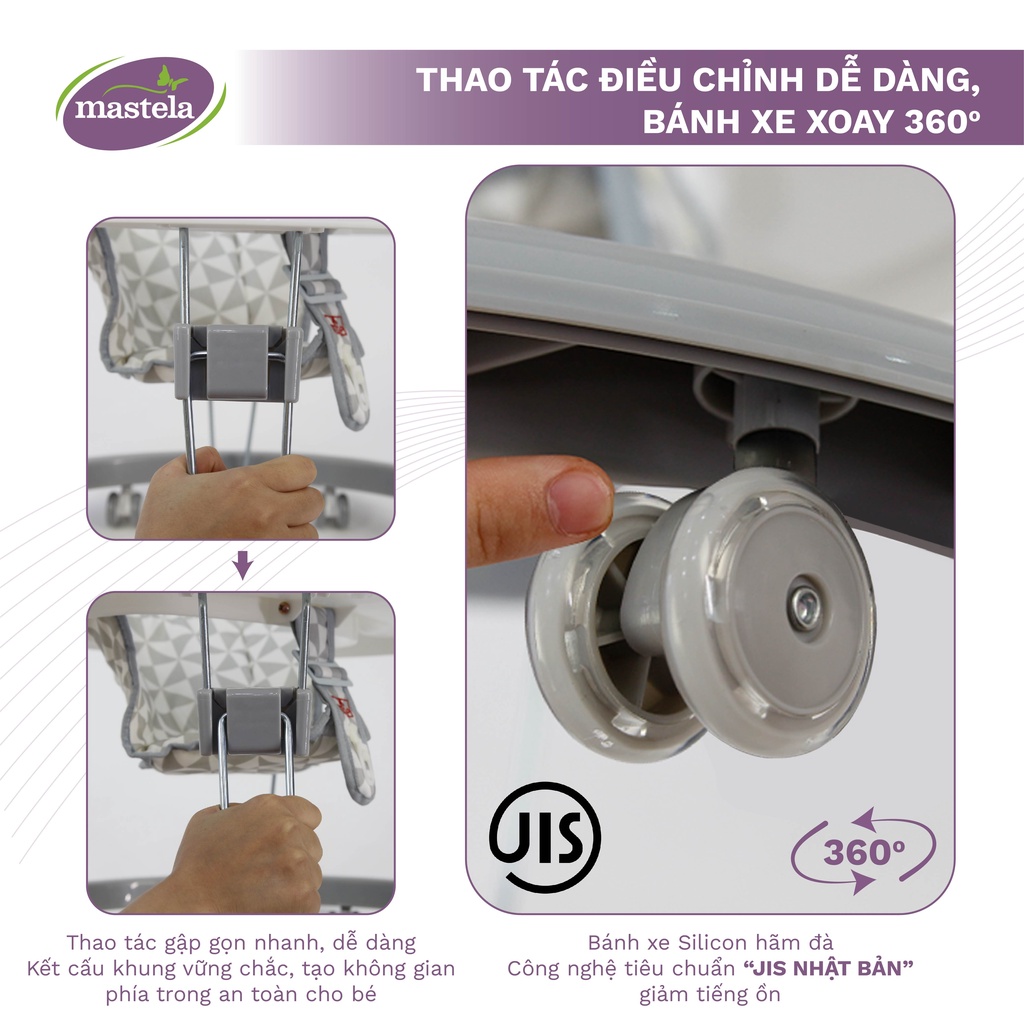 Xe tròn tập đi có đồ chơi và nhạc cho bé Mastela MSTLW2002 siêu nhẹ xoay 360, mặt bàn ăn dặm, bánh xe silicon chống ồn