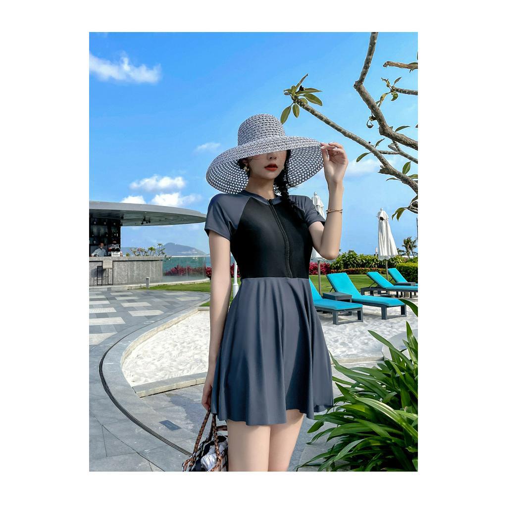 Bikini liền thân 1 mảnh dáng váy cho nữ đồ bơi ngắn tay có khóa ngực che khuyết điểm tôn dáng màu retro 6878