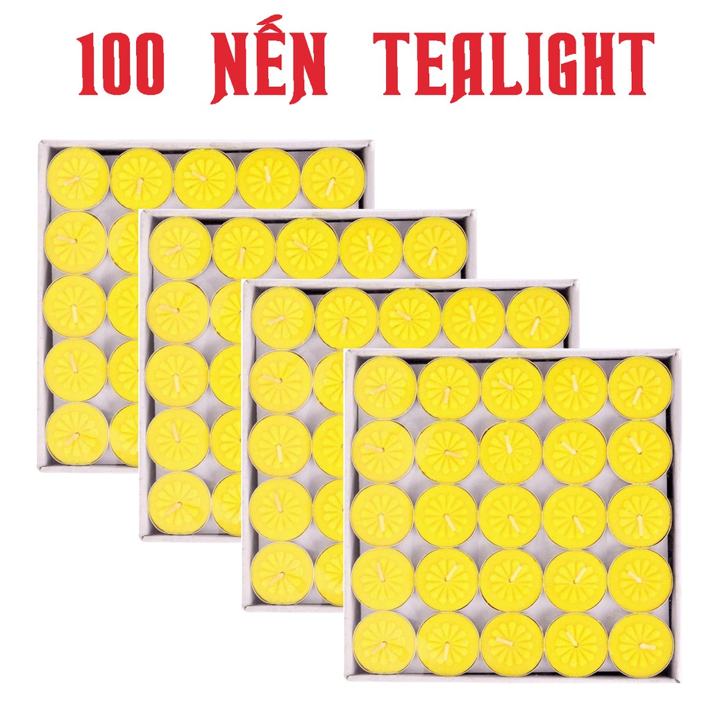 Nến tealight hoa mai 100v/hộp màu trắng vàng đỏ - ko mùi ko khói