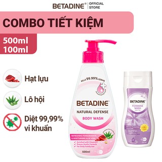 Bộ sữa tắm Betadine diệt 99.99% vi khuẩn chiết xuất hạt lựu và lô hội 500ml+Dung dịch vệ sinh phụ nữ Tím 100ml