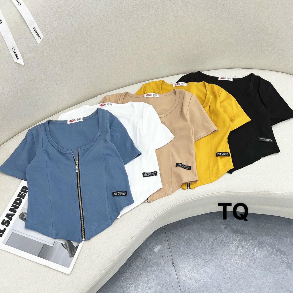 Áo thun cổ tròn khoá kéo ngực_áo kiểu sexy chất thun bozip mềm mịn | BigBuy360 - bigbuy360.vn