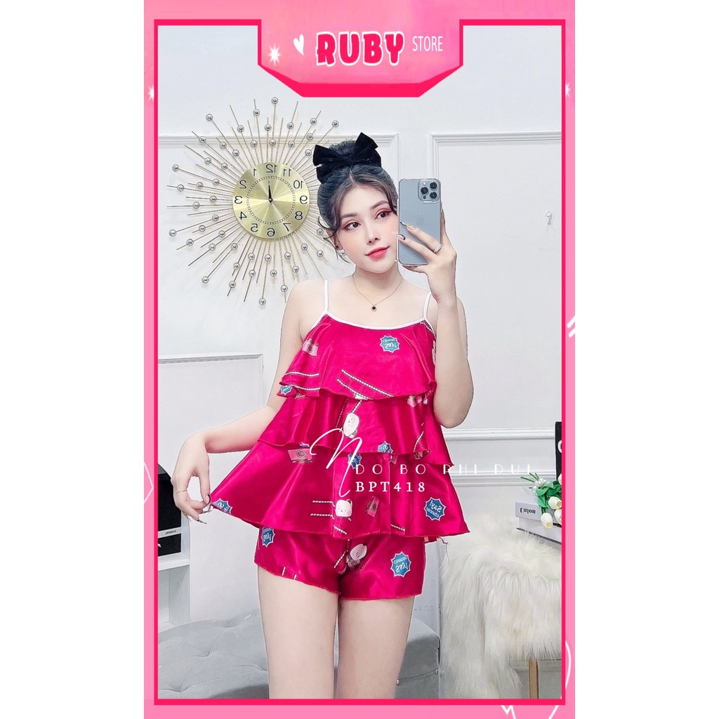 Đồ bộ sexy cho nữ mặc nhà chất phi bóng mềm mát in hình gấu hoạt hình dễ thương BPT418