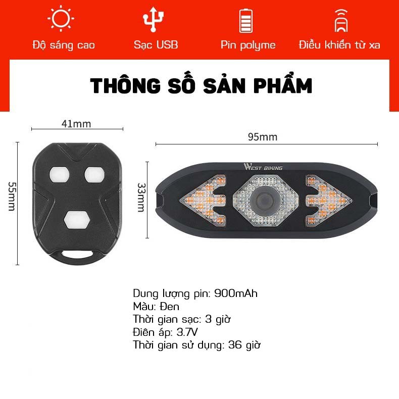 Đèn Xi Nhan Xe Đạp Điều Khiển Từ Xa Có Còi 120db WEST BIKING