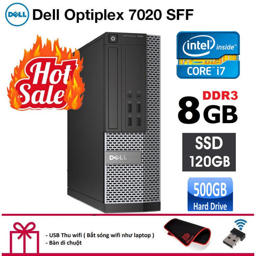 Case máy tính để bàn Dell Optiplex 7020 SFF CPU intel core i7 4770, Ram 8GB, Ổ cứng SSD 120GB,HDD 500GB. Bảo hành 2 năm.