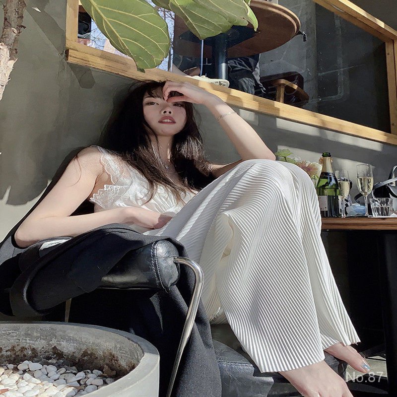 Quần ống rộng xếp ly lưng cao chất liệu lụa mát thời trang