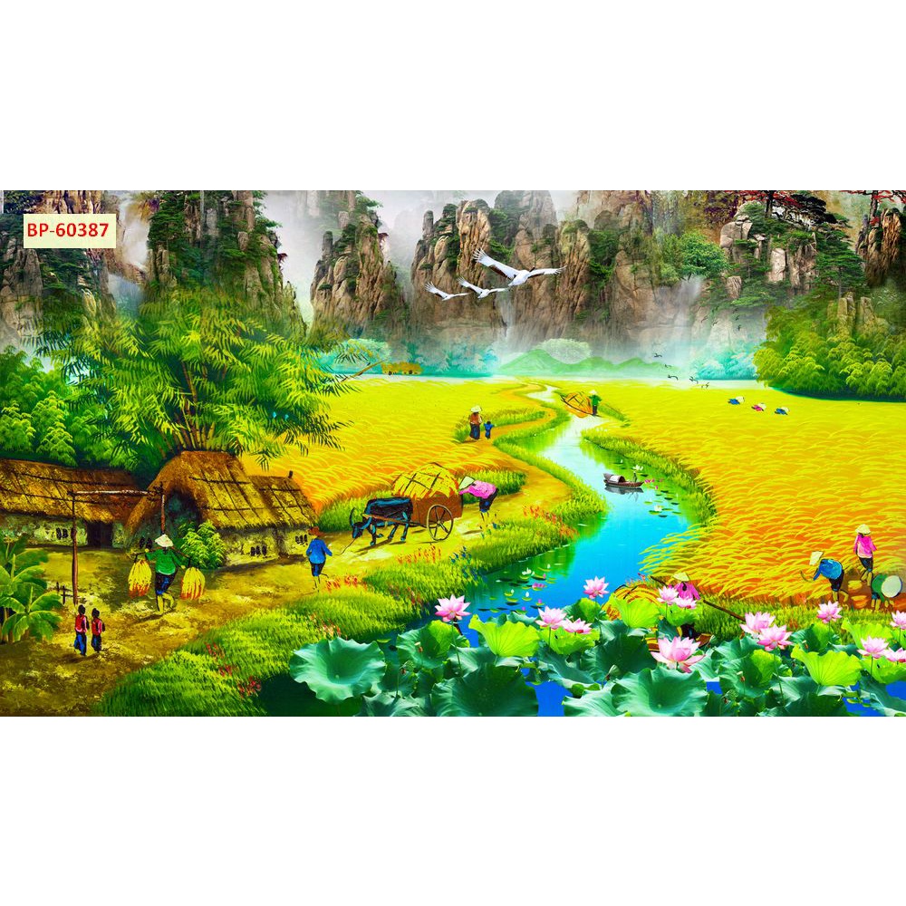 Tranh Làng Quê Việt Nam Thời Xa Xưa nhiều kích thước, làm theo yêu cầu, không giời hạn kích thước
