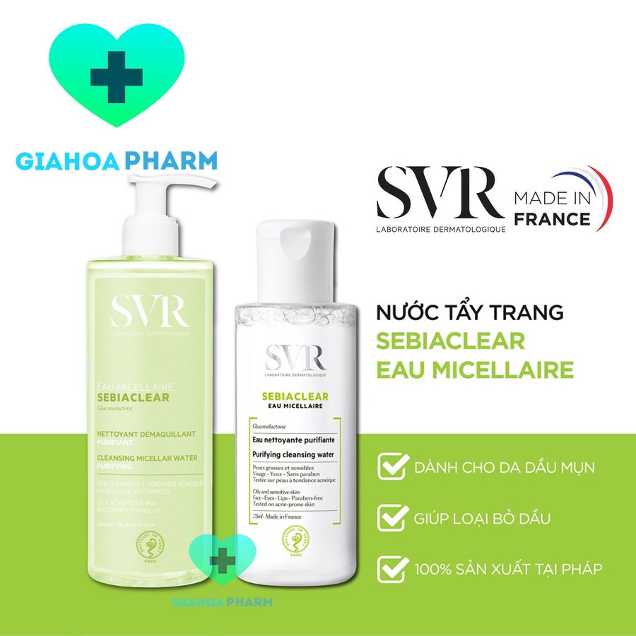 SVR SEBIACLEAR Eau Micellaire - Nước tẩy trang làm sạch da trang điểm, ngăn mụn, loại bỏ dầu, kiềm nhờn (Nhập khẩu Pháp)