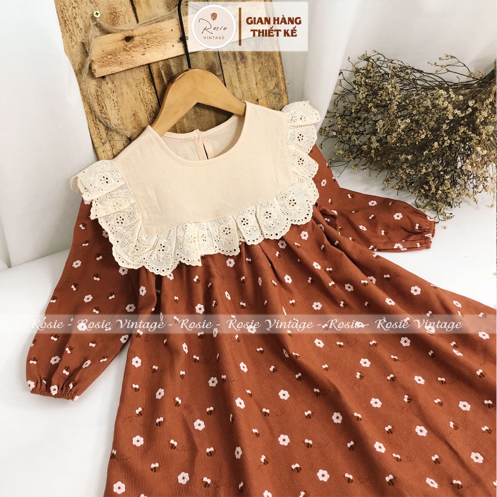 Váy bé gái nhung cam hoa trắng Mei Dress ROLIA có ngực phối bèo ren cách điệu đẹp sang chảnh V37