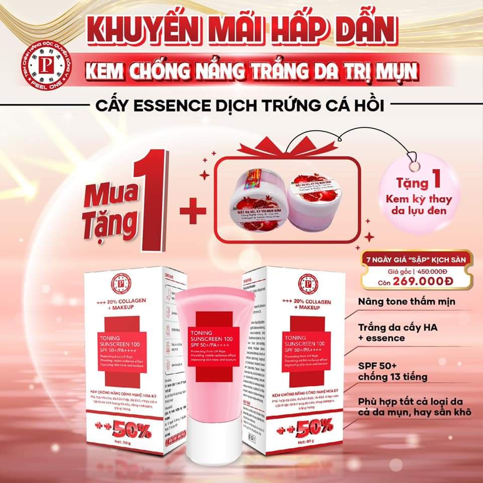 KEM CHỐNG NẮNG TRẮNG DA COLLAGEN DỊCH TRỨNG CÁ HỒI PEEL ONE TẶNG KEM TẨY DA VI ĐIỂM LỰU ĐEN