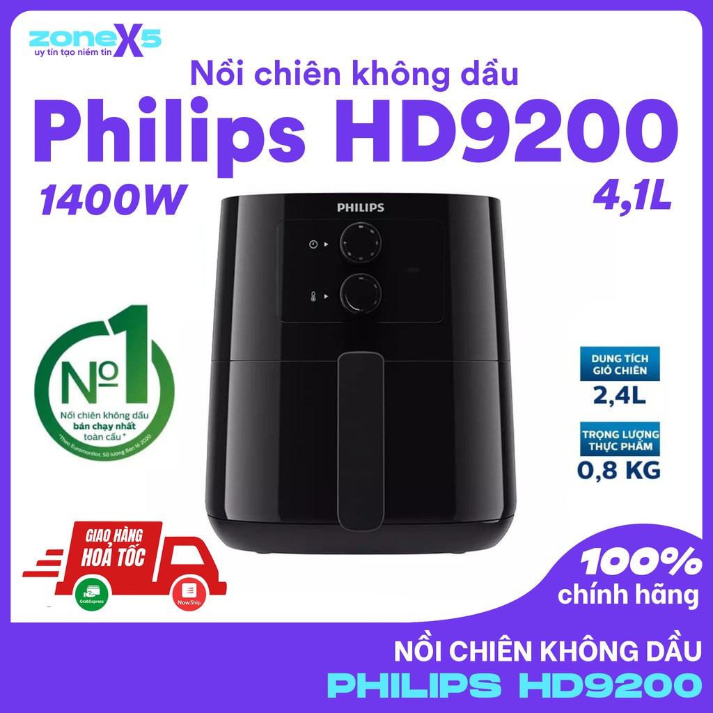 [CHÍNH HÃNG] Nồi chiên không dầu Philips HD9200 - Lòng nồi 4.1L, giỏ nướng 2.2L