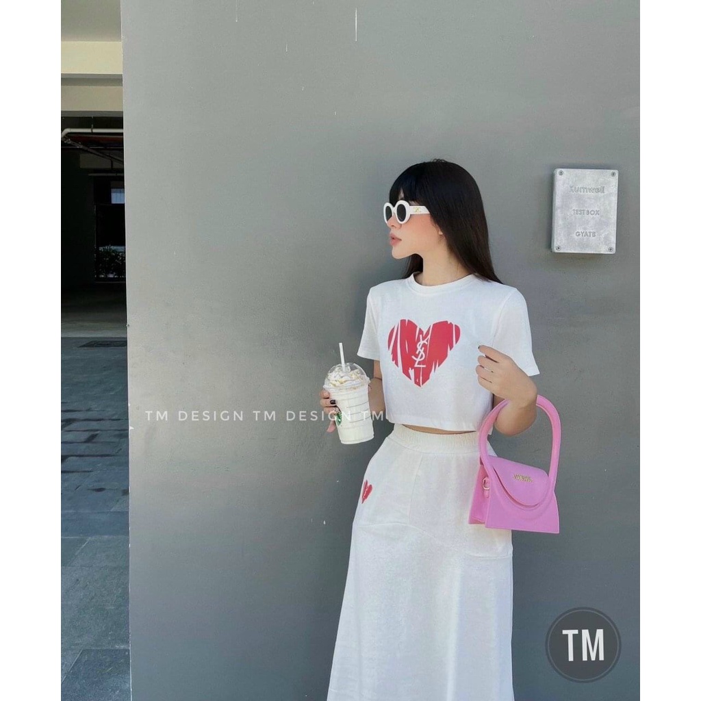[9.9 Sales Freeship] Set váy thun nữ basic, set áo trắng croptop in tim kèm chân váy dài  đi chơi năng động, cá tính dx