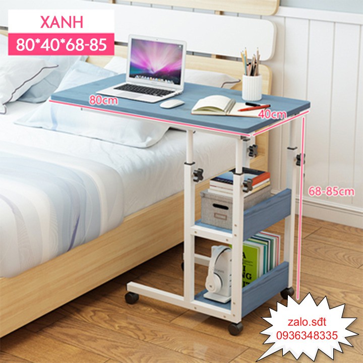 BÀN HỌC TẬP, BÀN LÀM VIỆC NGỒI GIƯỜNG CÓ GIÁ SÁCH VÀ BÁNH XE TIỆN DỤNG 80x40x68-85cm