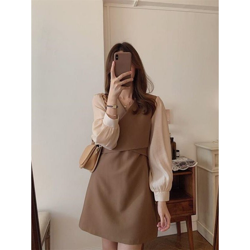 Đầm nữ cổ chữ V tay dài buộc nơ khóa kéo phong cách công sở đi chơi thanh lịch
