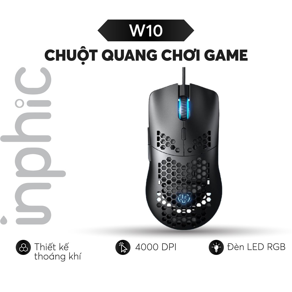 Chuột chơi game inphic W10 với vỏ tổ ong trọng lượng nhẹ cảm biến quang học Pixart 3325 đèn nền RGB 7 nút - Chính Hãng