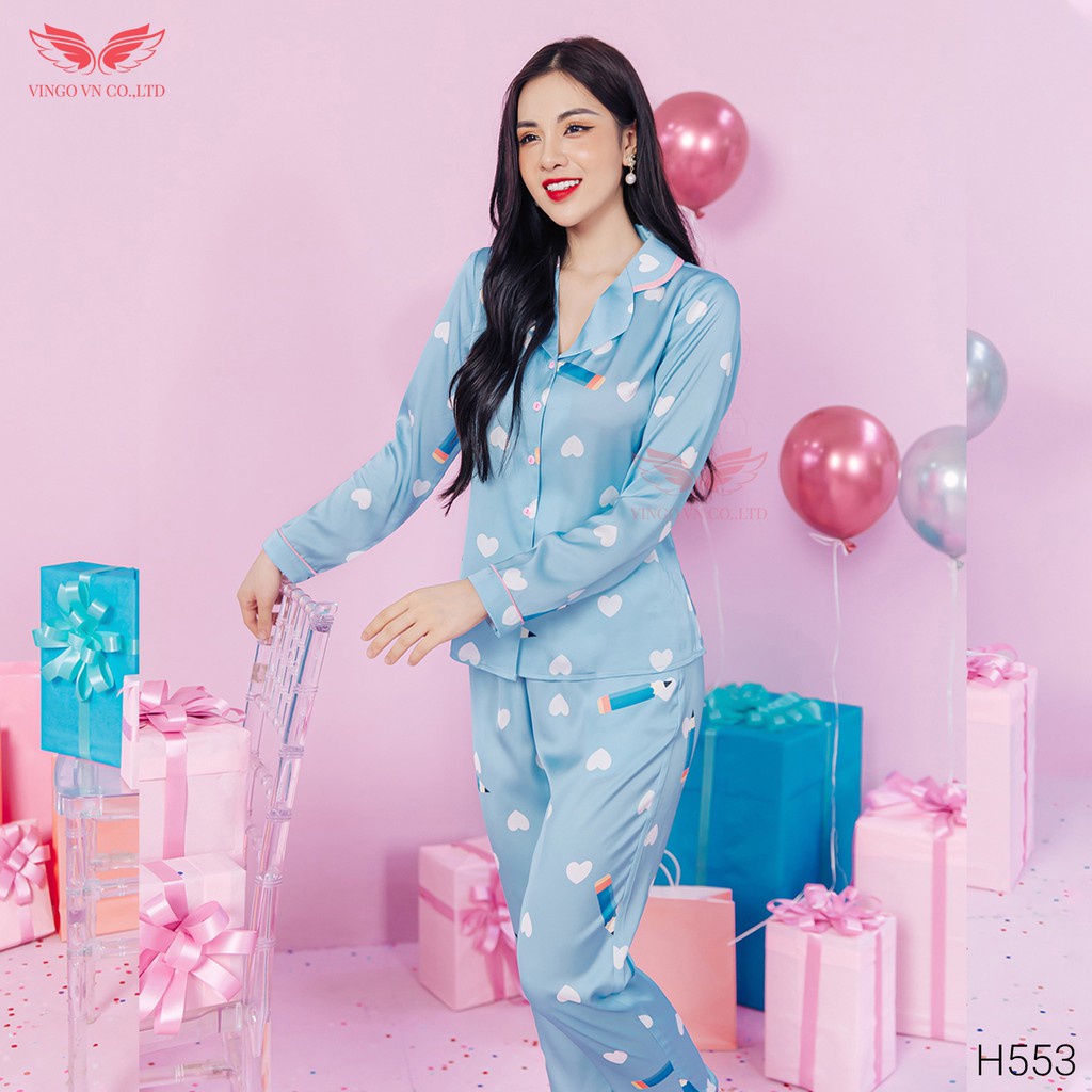 Đồ bộ nữ mặc nhà Pyjama VINGO Lụa Pháp cao cấp tay dài quần dài họa tiết hồng phối xanh mùa Thu Đông H553 VNGO - TDQD