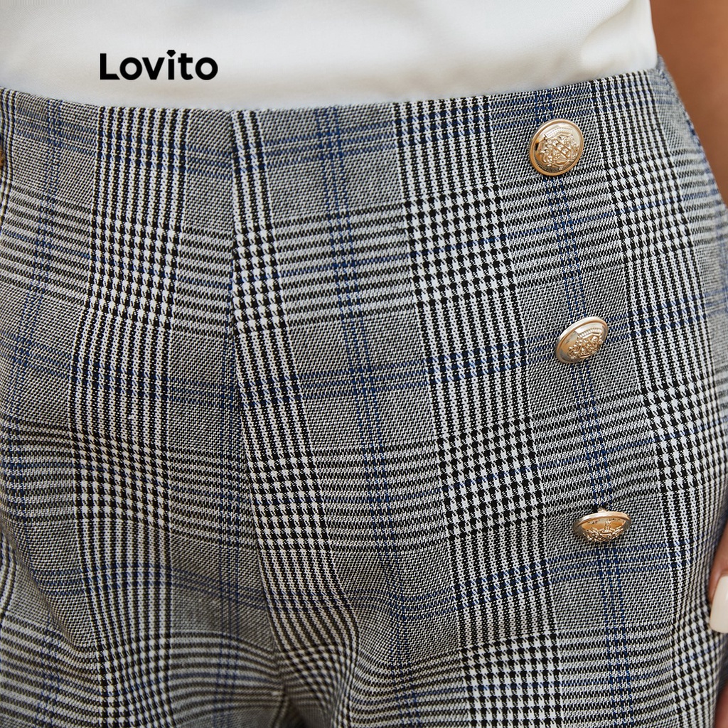 Lovito Quần Short Nút Kẻ Sọc Caro L20D199 (Xám)