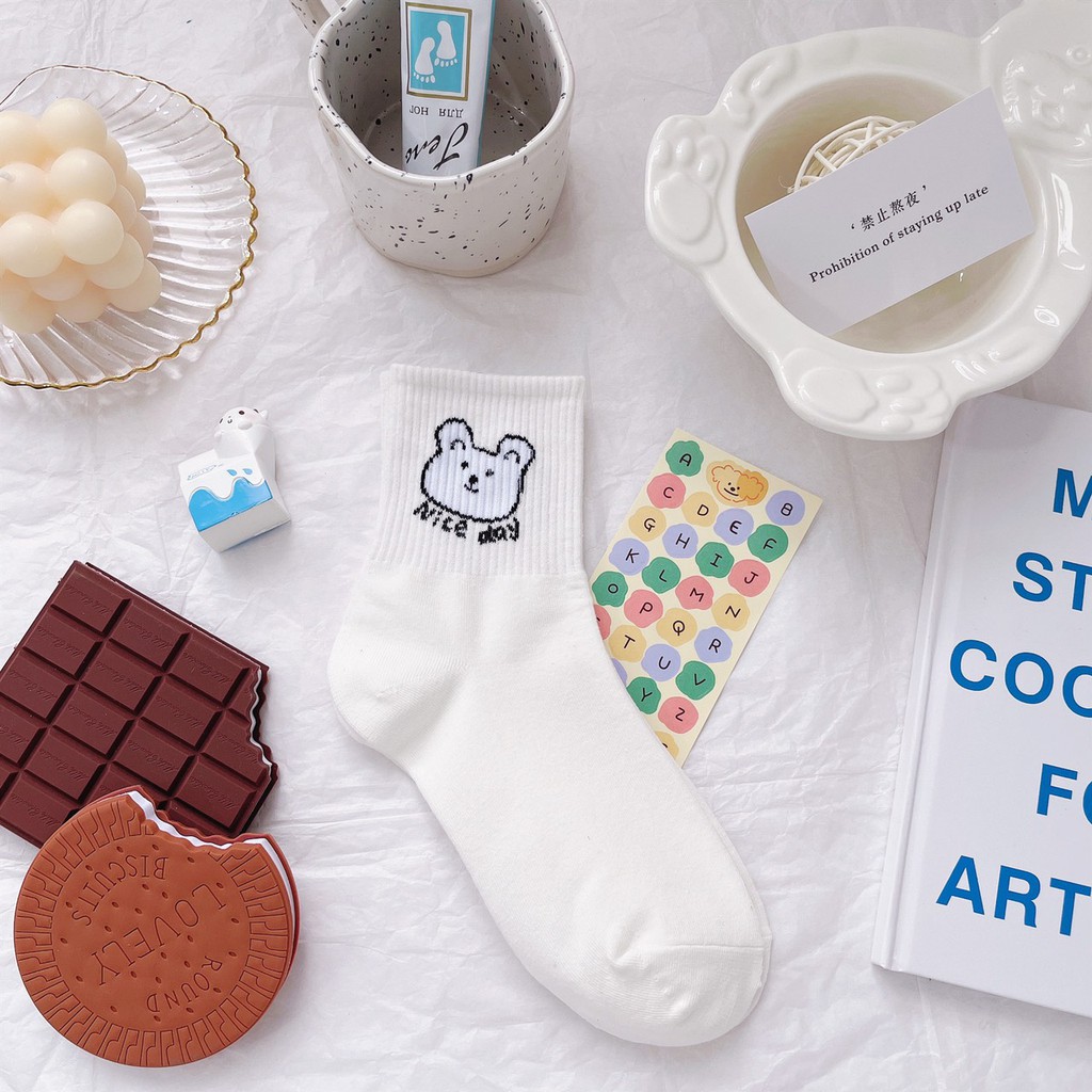 Vớ Tất Cổ Cao Gấu Trắng 6M Cotton Kháng Khuẩn Freesize Nam Nữ 36-42 MRSOCKS VC088