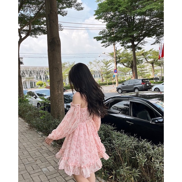 Đầm xoè tay phồng hoa RUCHAN