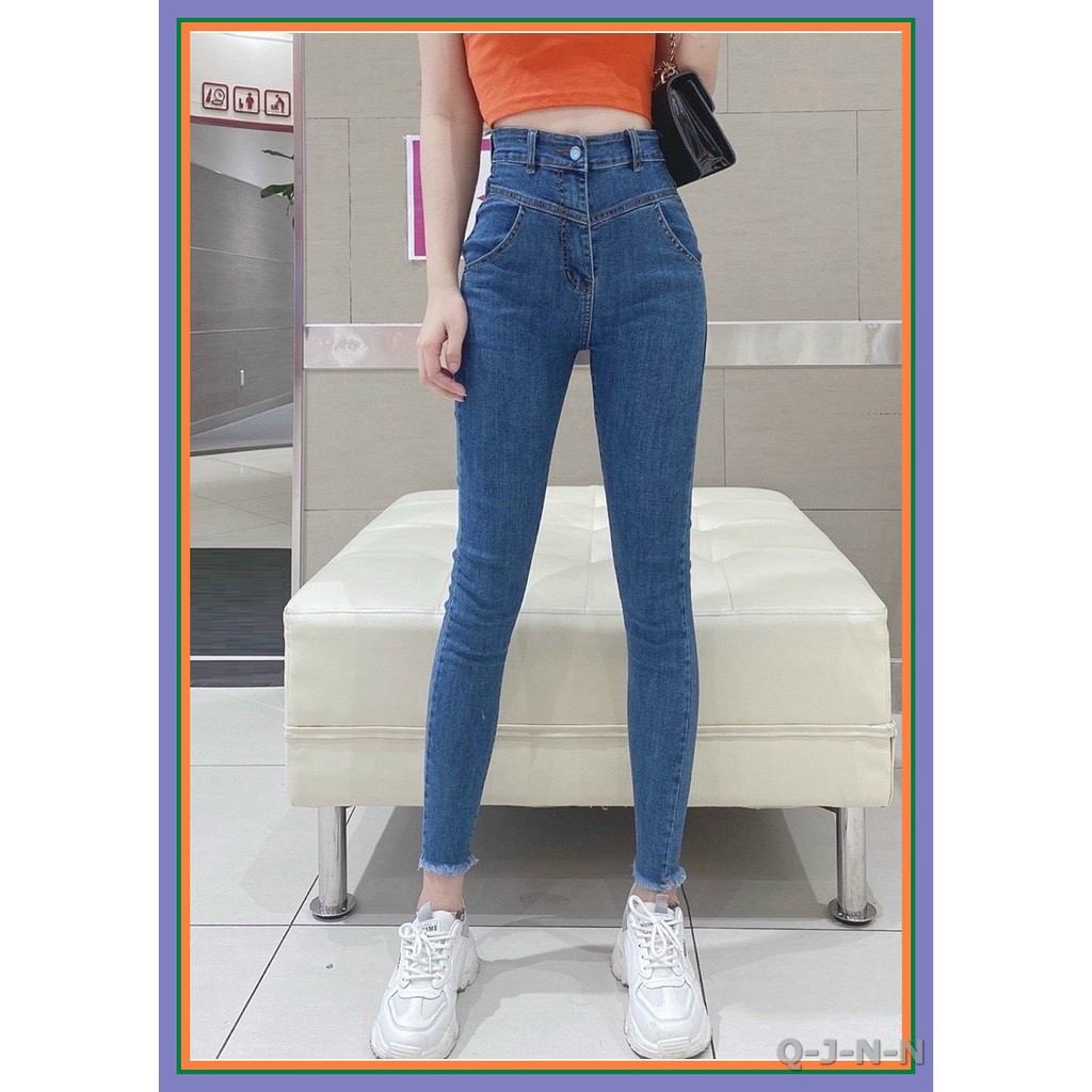 Quần jean nữ lưng cao LẰN V ĐAI TRƯỚC màu xanh PHONG CÁCH chất jean giãn tốt Vlant2W-36