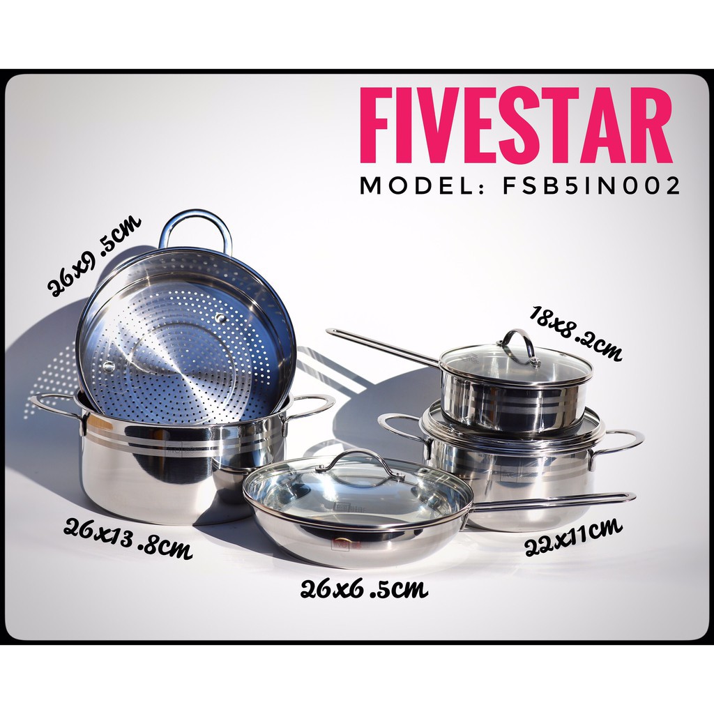[Mẫu mới nhất] Bộ nồi 3 đáy inox 430 Fivestar FSB5IN002 bếp từ 5 món nắp kính