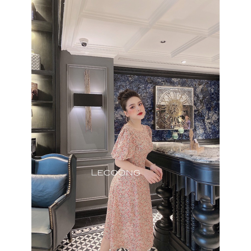 Váy đầm hoa nhí thiết kế thanh lịch đuôi cá kết hợp tay bồng dài qua gối hai màu đỏ/be_LeCoong V92 | BigBuy360 - bigbuy360.vn