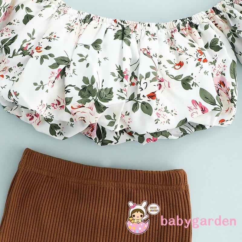 Bộ Áo Trễ Vai Ngắn Tay + Chân Váy Dệt Kim Lưng Thun In Hoa Xinh Xắn Cho Bé Gái 1-6 Tuổi