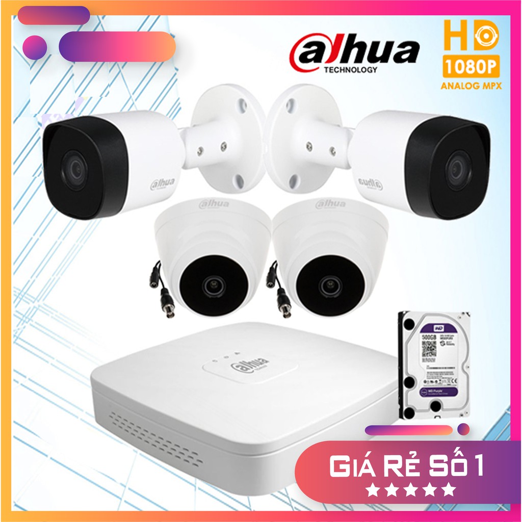 Trọn bộ 4 camera dahua Full HD 1080p + HDD 500G tặng kèm mỗi mắt camera 20m dây liền nguồn đúc sẵn 2 đầu