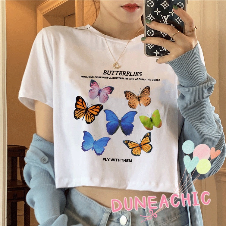 DUNEA Áo Thun Lửng Tay Ngắn Thiết Kế Trẻ Trung Hợp Thời Trang Cho Bạn Gái