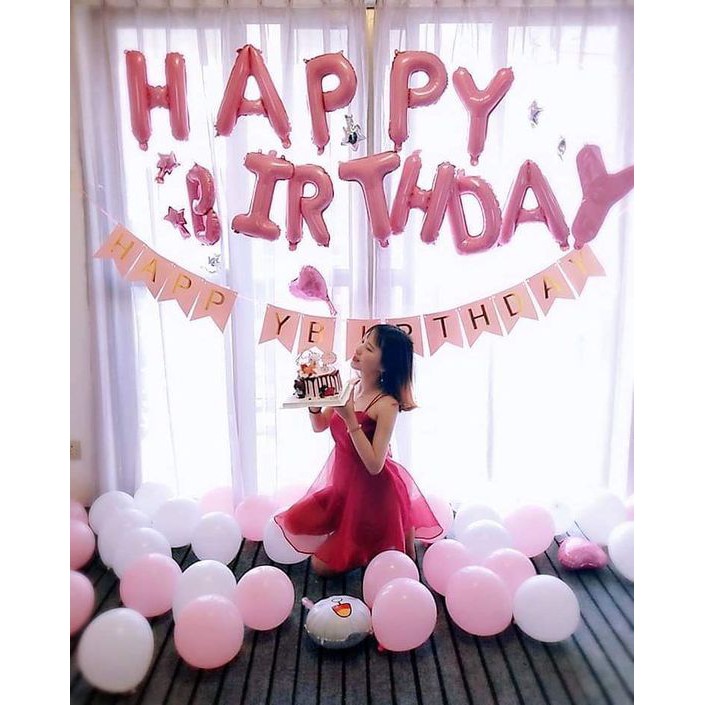 Bộ Bong Bóng Chữ Happy Birthday Màu Hồng Pastel