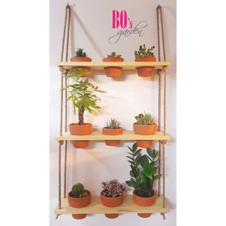 Bộ kệ gỗ chậu đất nung treo tường