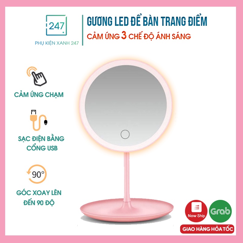 Gương trang điểm có đèn led cảm ứng 3 chế độ sáng, gương để bàn cute hình tròn kiểu dáng Hàn Quốc