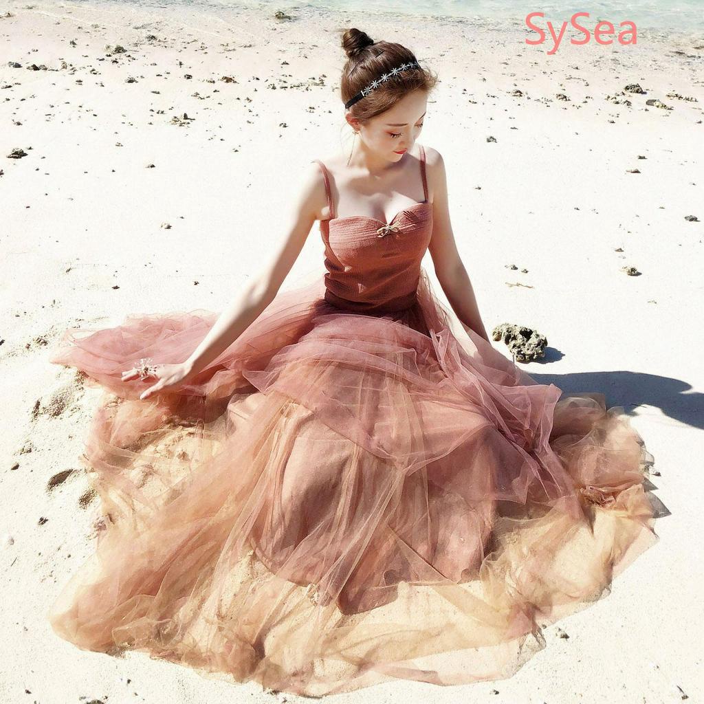 Đầm Dáng Dài Phối Lưới Thời Trang Đi Biển Cho Phái Nữ